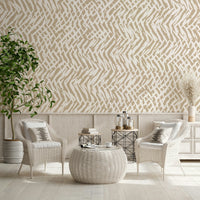 Artistic wall mural featuring layered brushstroke patterns woven together for a textured look.
