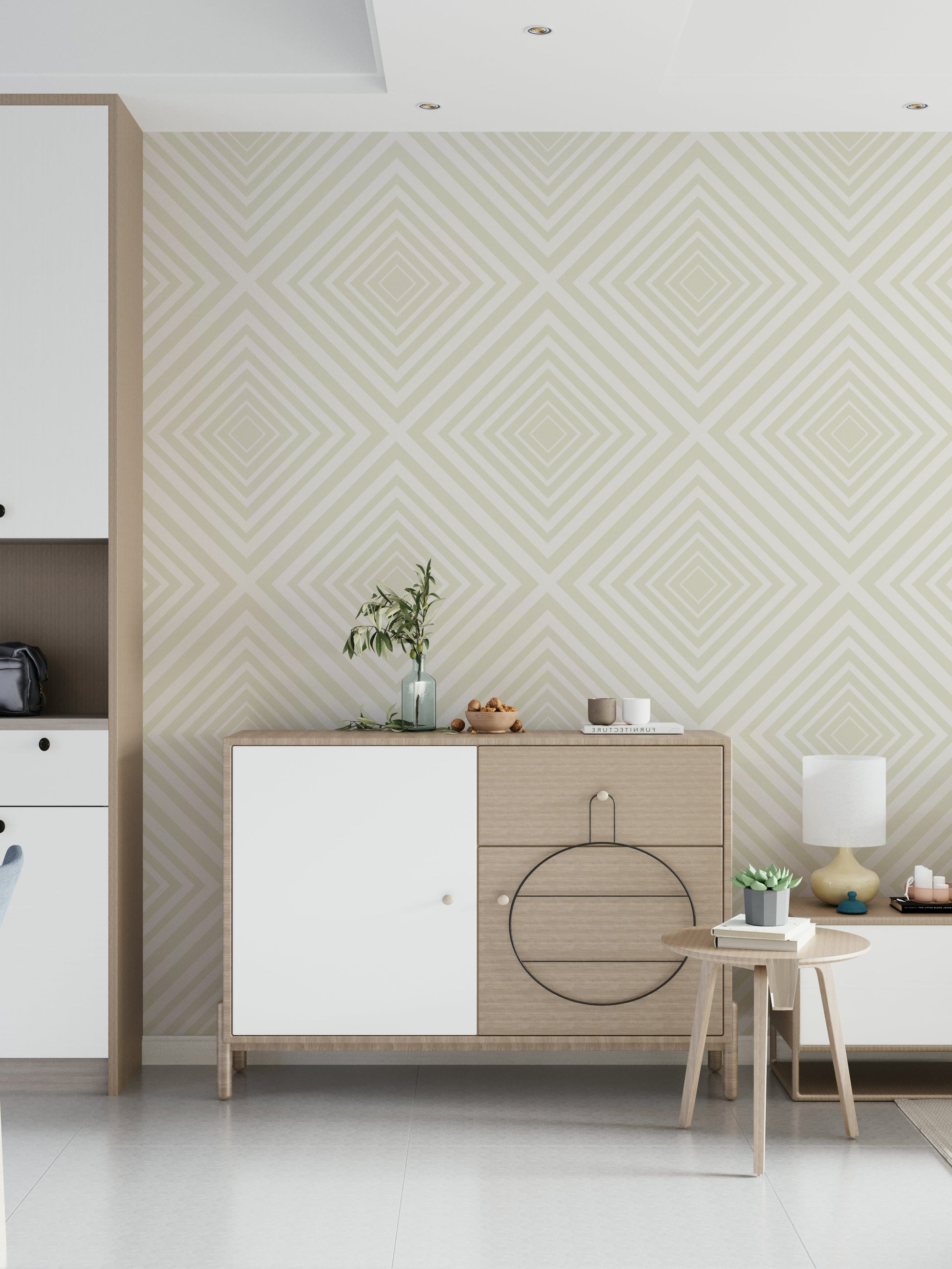 Minimalist Beige Chevron repeating pattern, serene home covering.