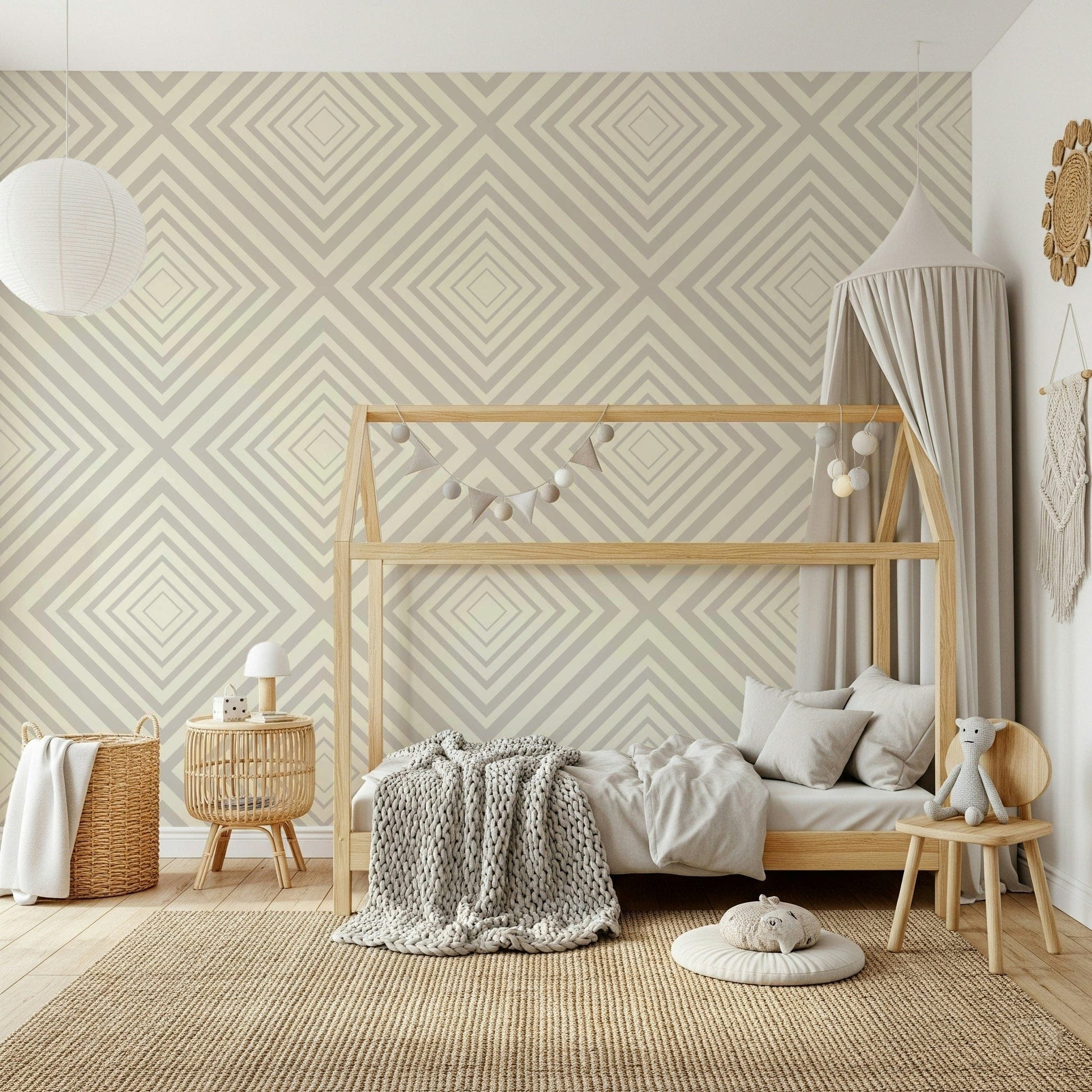 Modern wall mural, cream and greige lines, architectural repeating design.