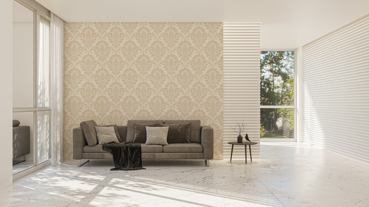Chic damask mural wallpaper in soft beige tones
