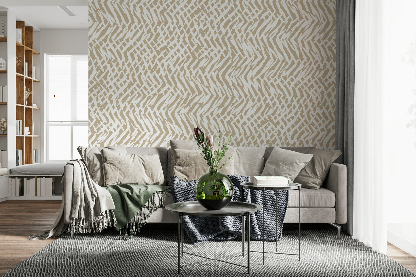 An artistic interwoven pattern mural on minimalist wallpaper.

