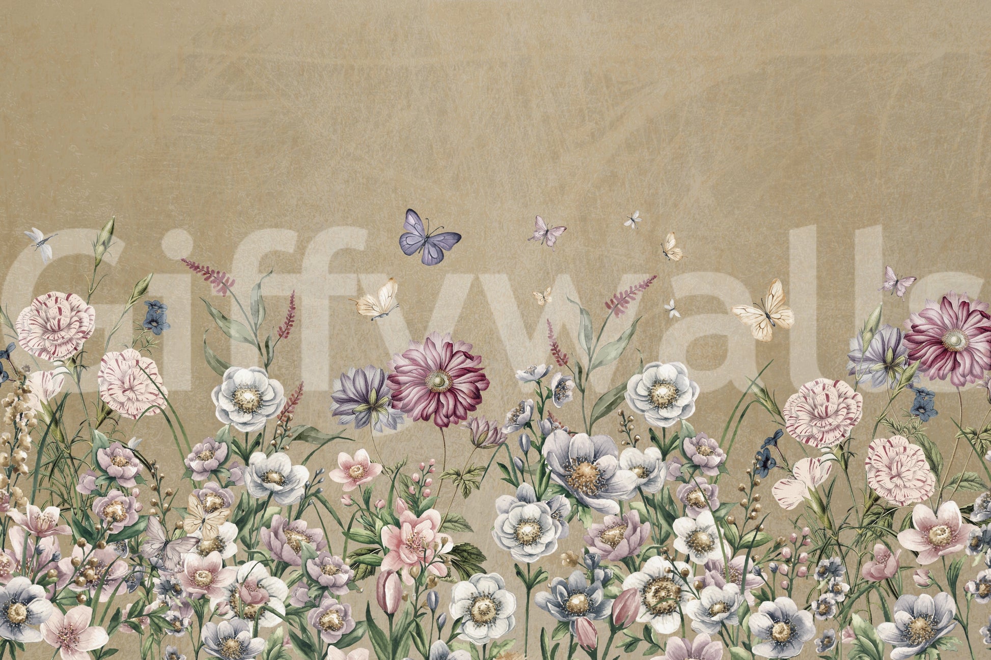Meadow landscape mural for feature wall, airy florals and grasses in neutral modern style