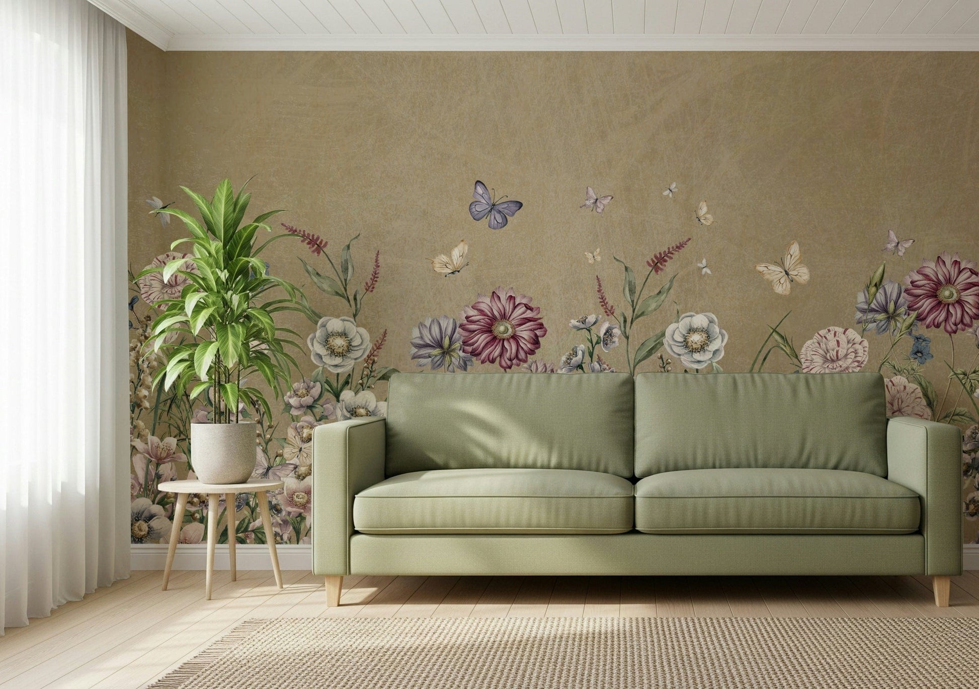 Floral meadow wall mural in apartment dining area with white table and natural light