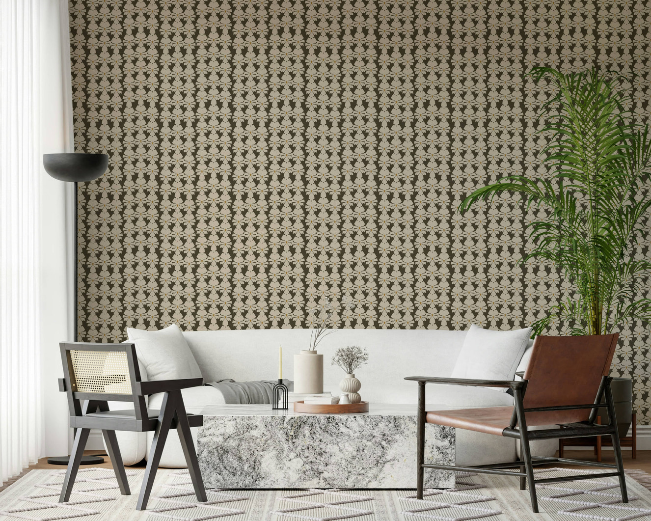 Timeless Florals wallpaper, dense botanical repeat pattern.