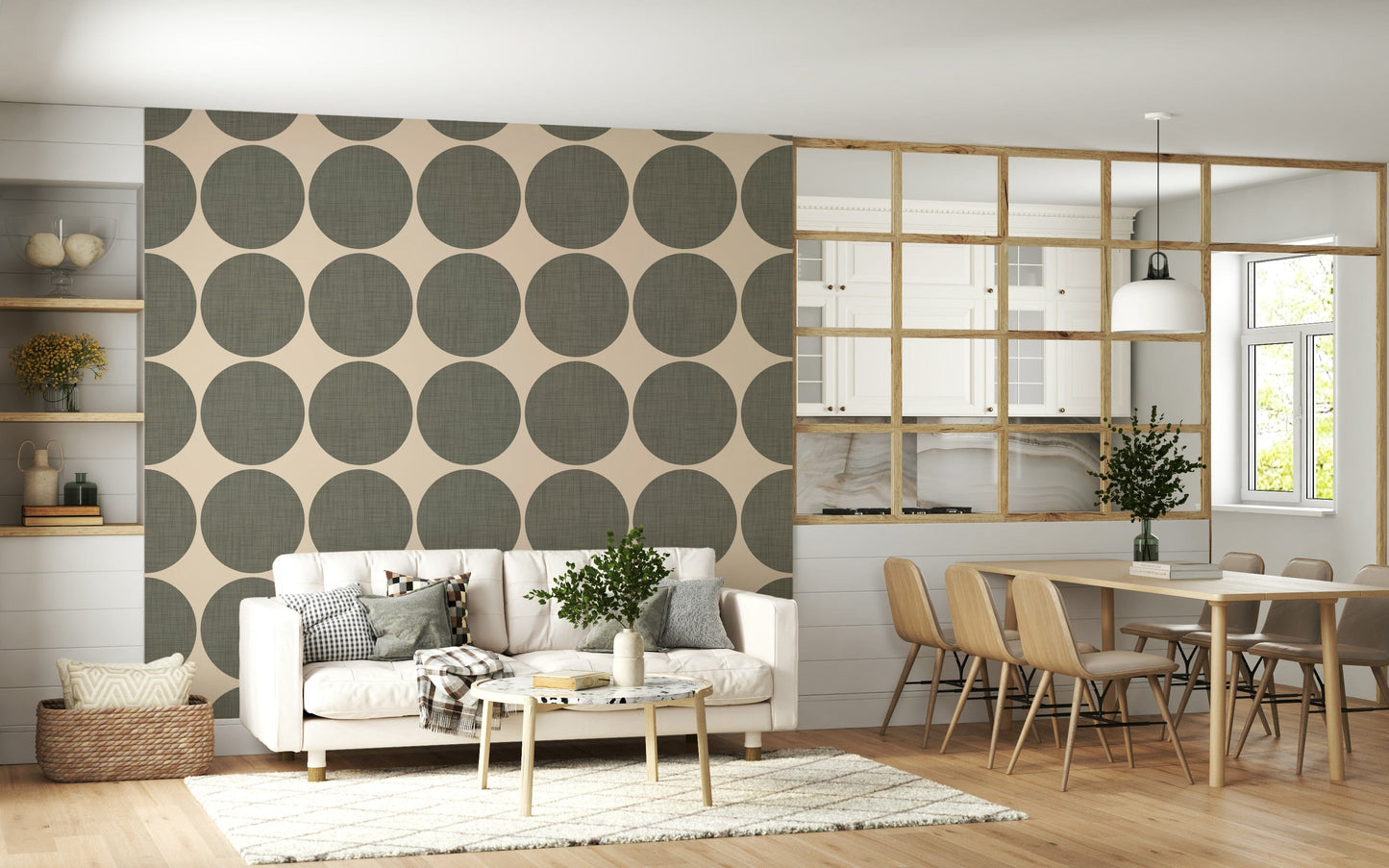 Repeating pattern of soft green circular shapes with a woven texture on an off-white backdrop