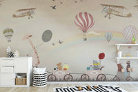 Beige Color Jovial Animals wallpaper mural styled as a feature wall in a cosy interior corner in a multicolour palette