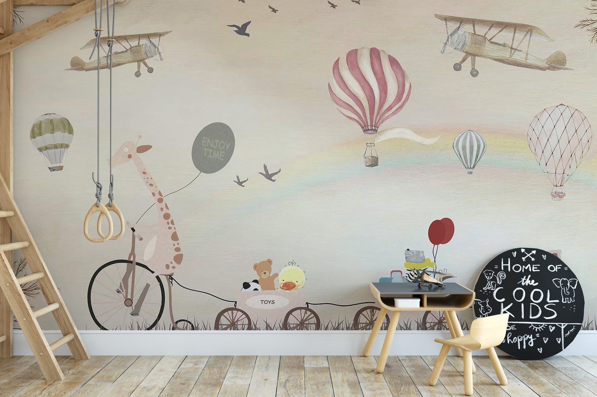 Beige Color Jovial Animals wallpaper mural styled along a hallway feature wall near a console in a multicolour palette