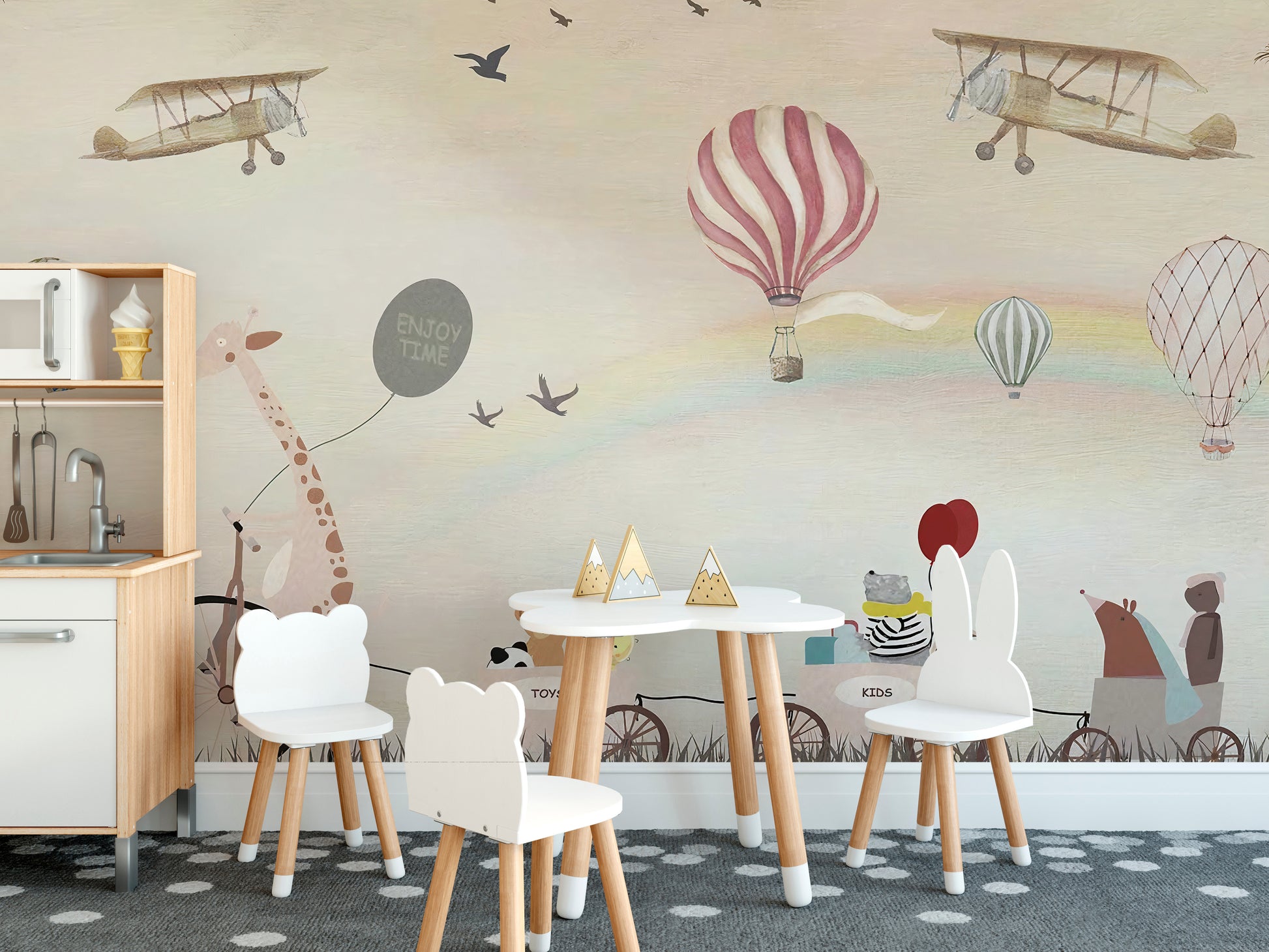 Beige Color Jovial Animals wallpaper mural as a feature wall in a home office workspace in a multicolour palette