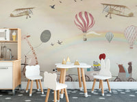 Beige Color Jovial Animals wallpaper mural as a feature wall in a home office workspace in a multicolour palette