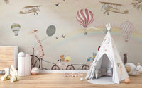 Beige Color Jovial Animals wallpaper mural styled as a feature wall behind a dining table and chairs in a multicolour palette