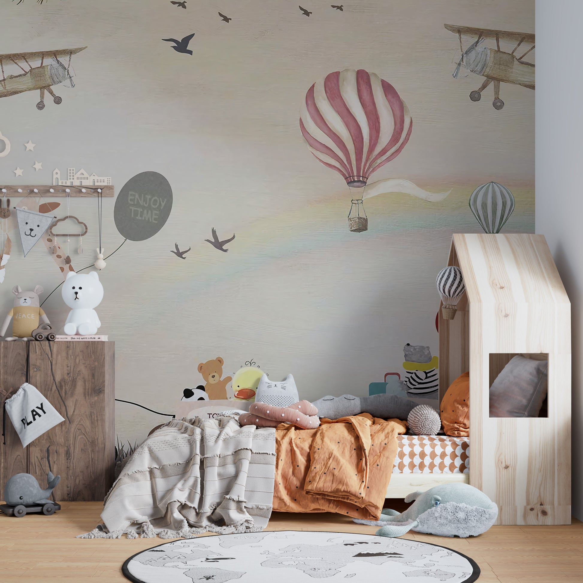 Beige Color Jovial Animals wallpaper mural as a bedroom feature wall behind the headboard in a multicolour palette