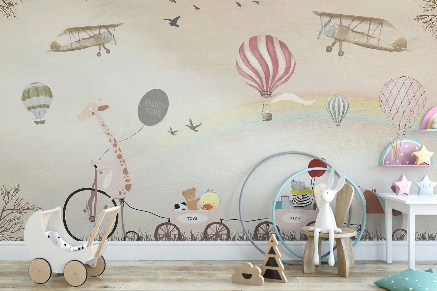 Beige Color Jovial Animals wallpaper mural displayed across a full wall in a modern living space in a multicolour palette
