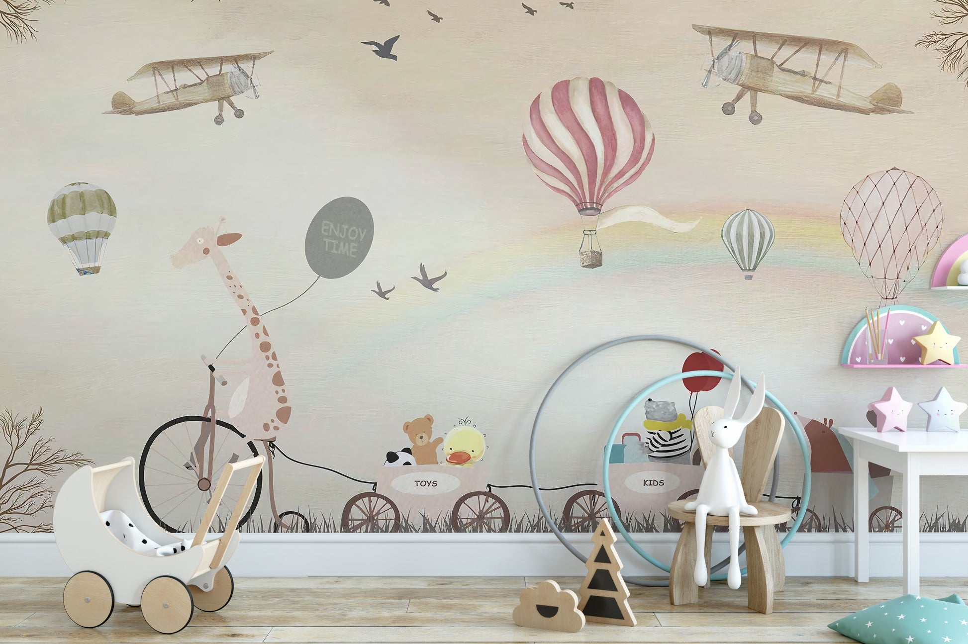 Beige Color Jovial Animals wallpaper mural displayed across a full wall in a modern living space in a multicolour palette