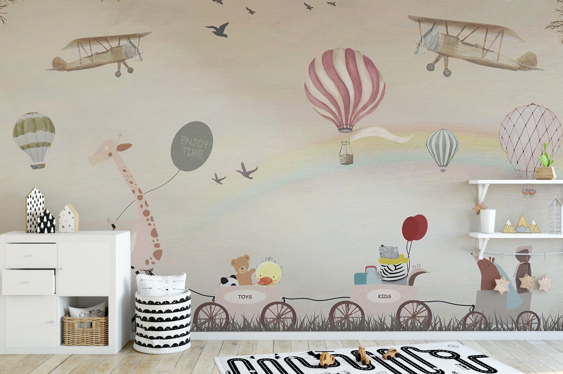 Beige Color Jovial Animals wallpaper mural shown as a full feature wall that highlights the design