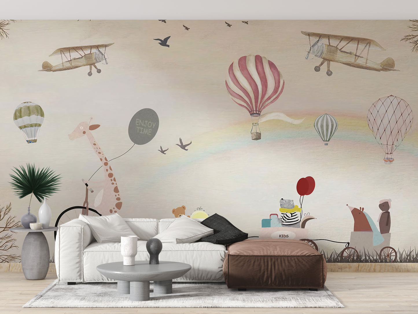 Beige Color Jovial Animals wallpaper mural as a feature wall in a bright, contemporary living room in a multicolour palette
