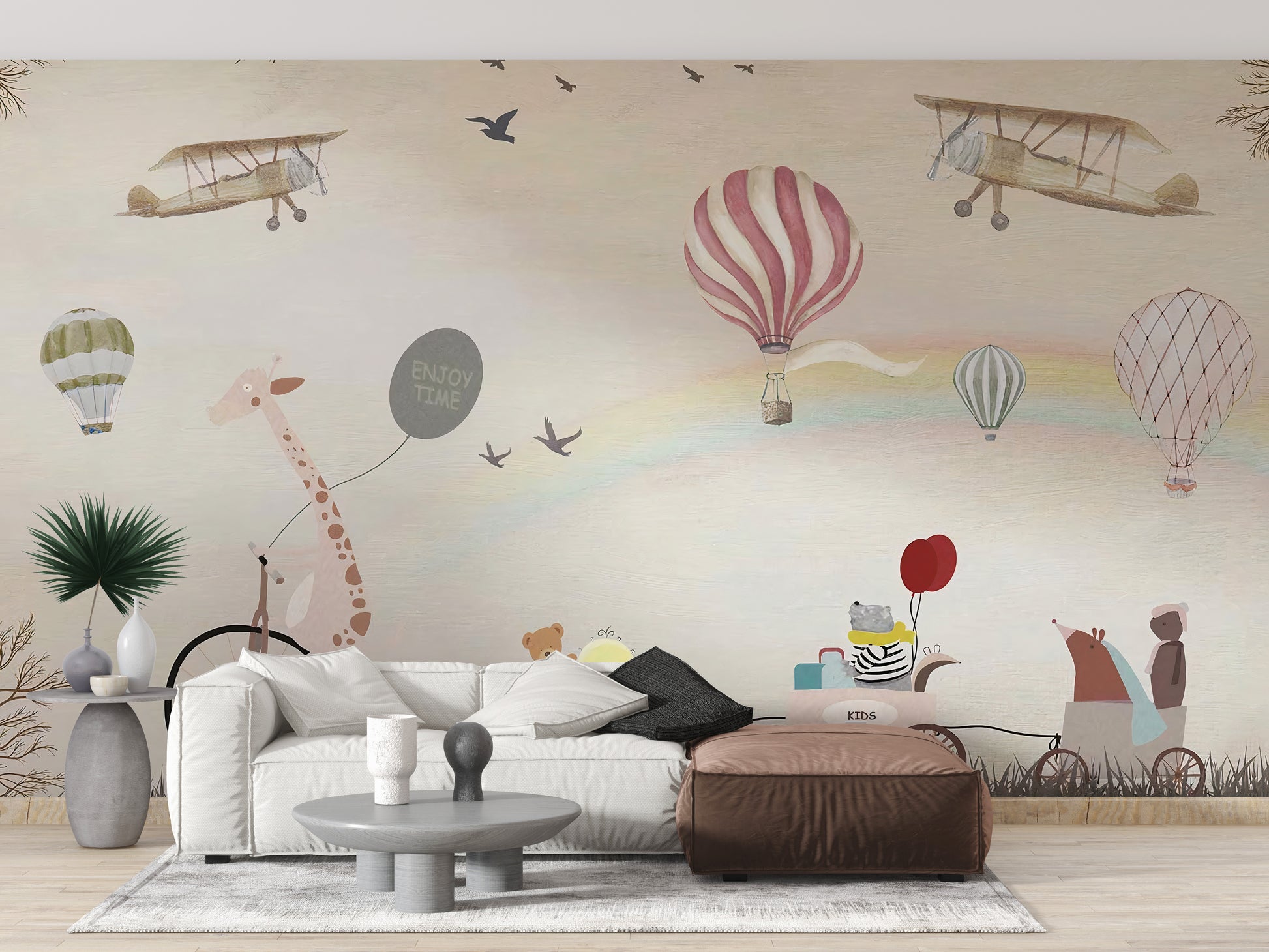 Beige Color Jovial Animals wallpaper mural as a feature wall in a bright, contemporary living room in a multicolour palette