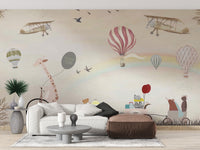 Beige Color Jovial Animals wallpaper mural as a feature wall in a bright, contemporary living room in a multicolour palette