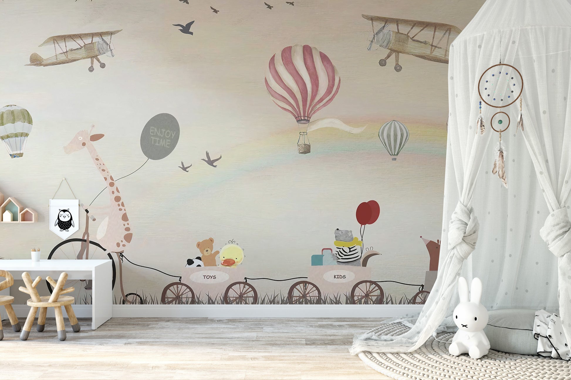 Beige Color Jovial Animals wallpaper mural styled as a living room feature wall behind a sofa and seating