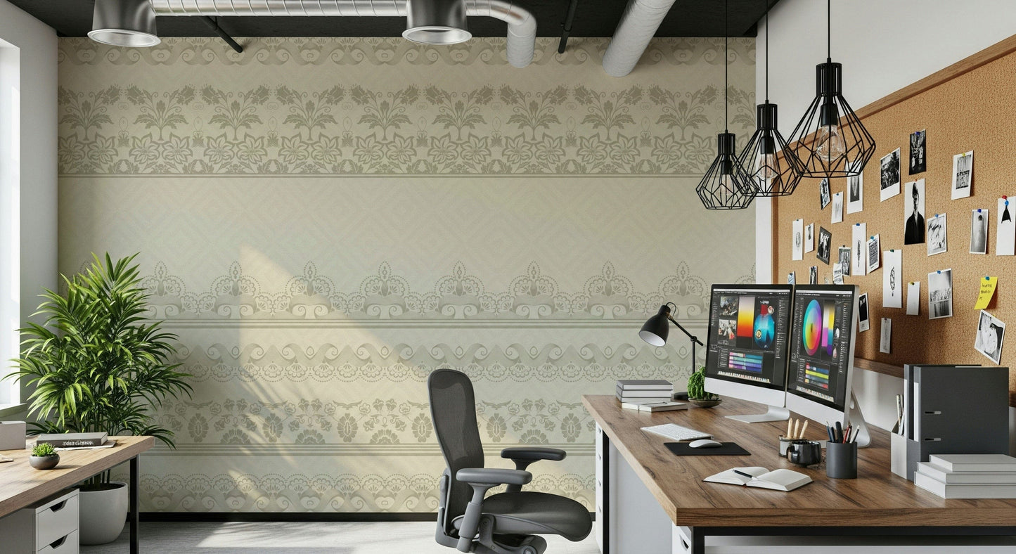 Textural lace pattern wallpaper for a feminine apartment feature wall.