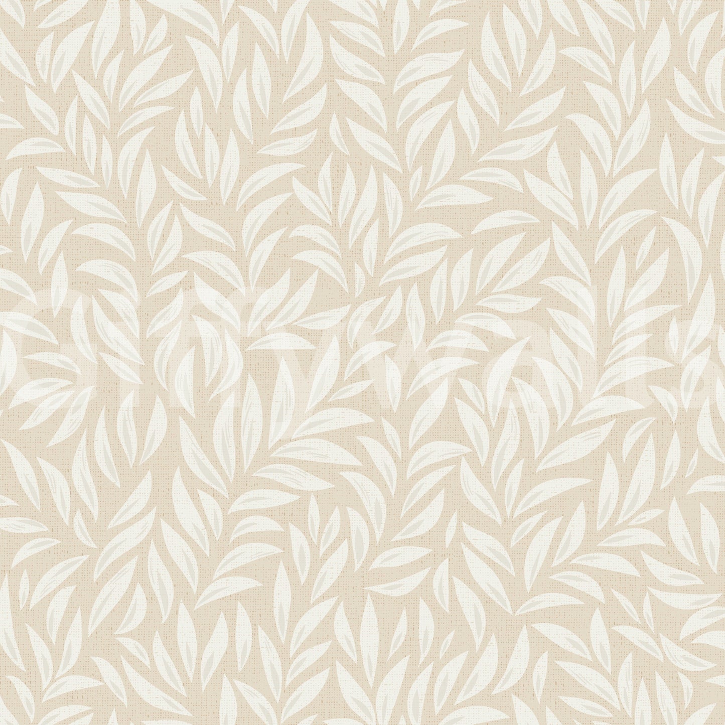Beige Leafy wallpaper close-up showing the pattern of white willow leaf sprigs on a soft beige linen-look ground