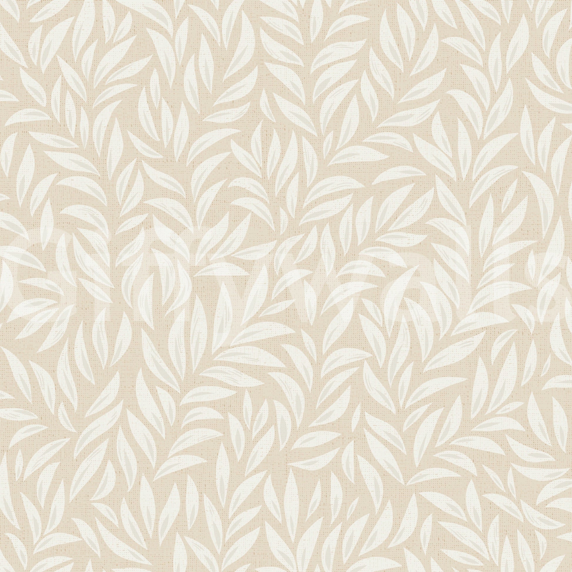 Beige Leafy wallpaper close-up showing the pattern of white willow leaf sprigs on a soft beige linen-look ground