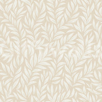 Beige Leafy wallpaper close-up showing the pattern of white willow leaf sprigs on a soft beige linen-look ground