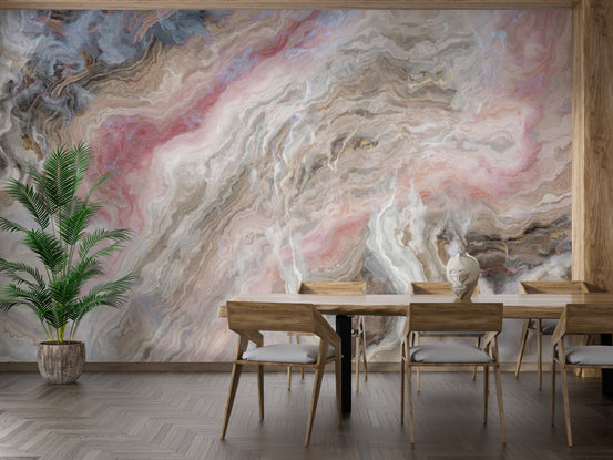 Beige marble wallpaper mural shown as a full feature wall that highlights the design