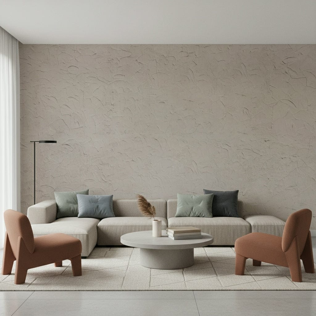 Beige plastered wall mural with understated, minimalist design