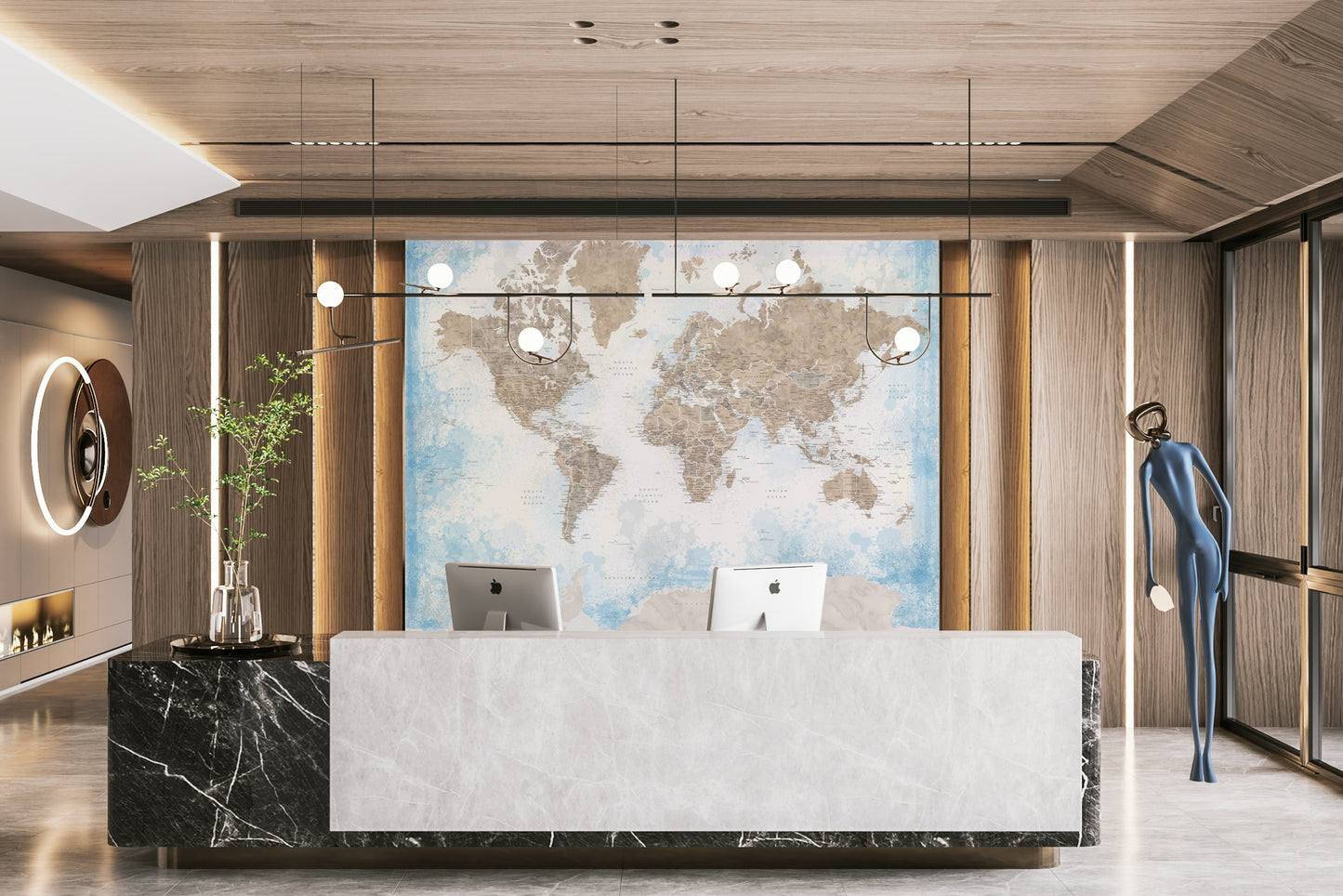 Minimalist world map wallpaper with soft pastel tones

