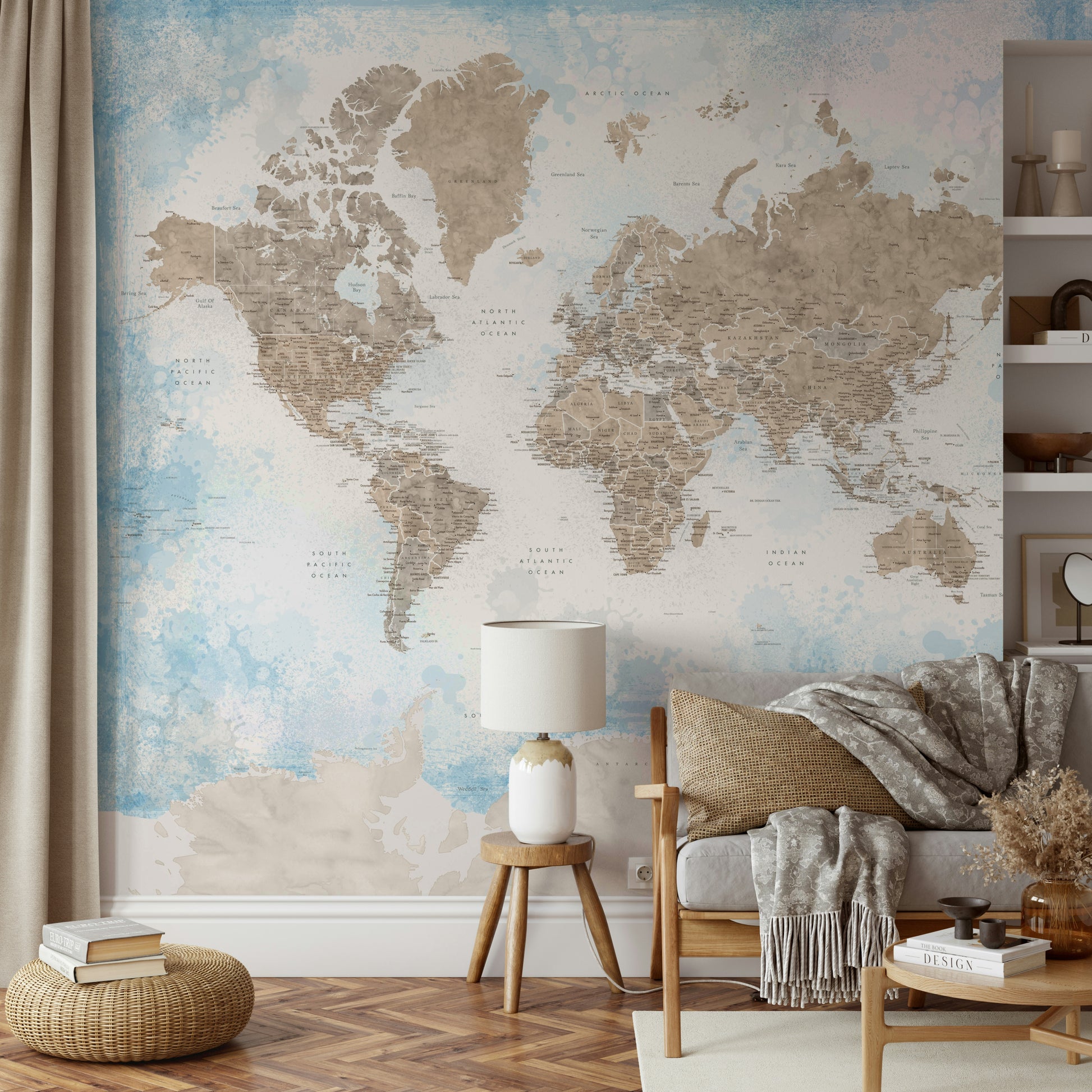 Artistic world map with beige land and blue seas

