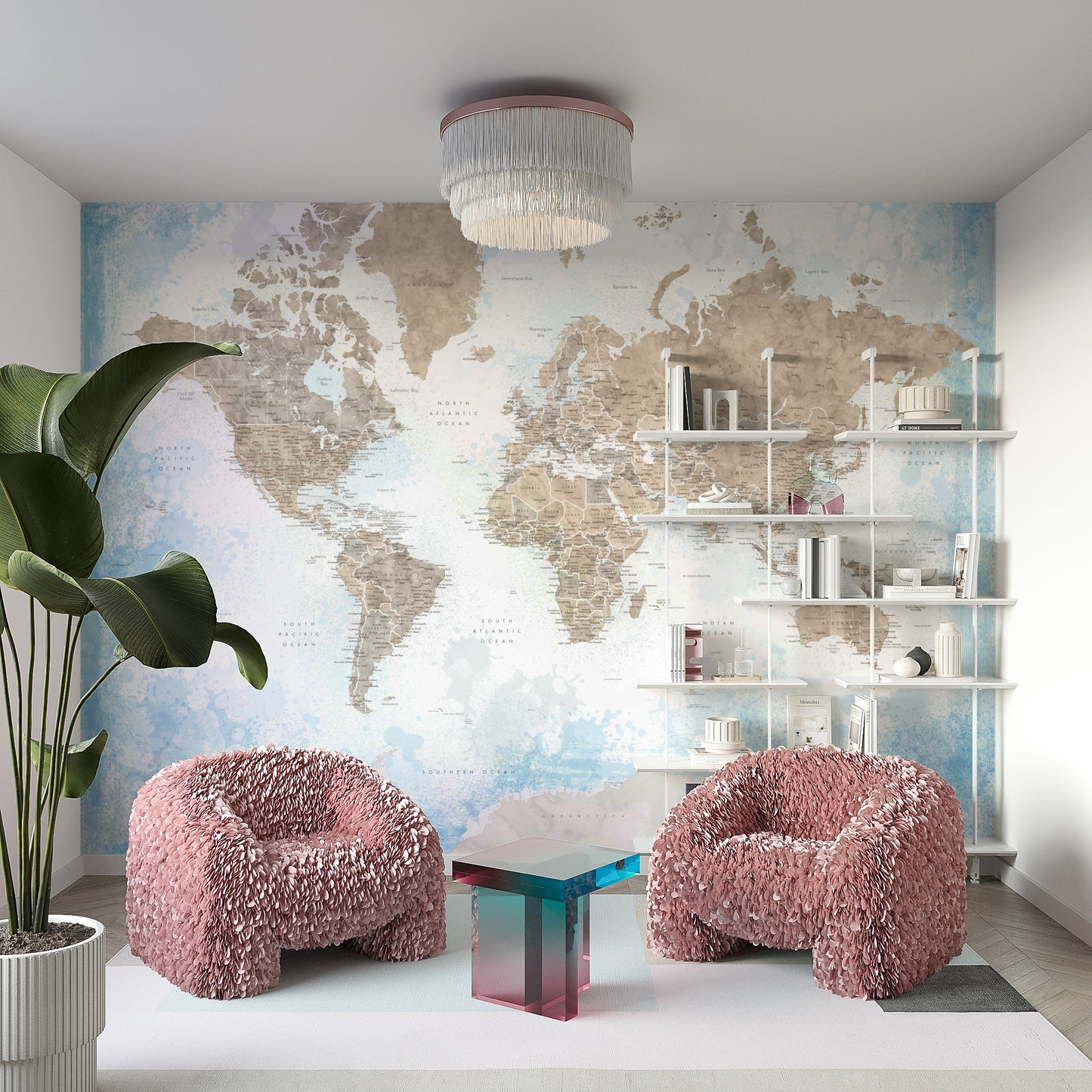 Soft-toned map mural with sky blue and beige colors

