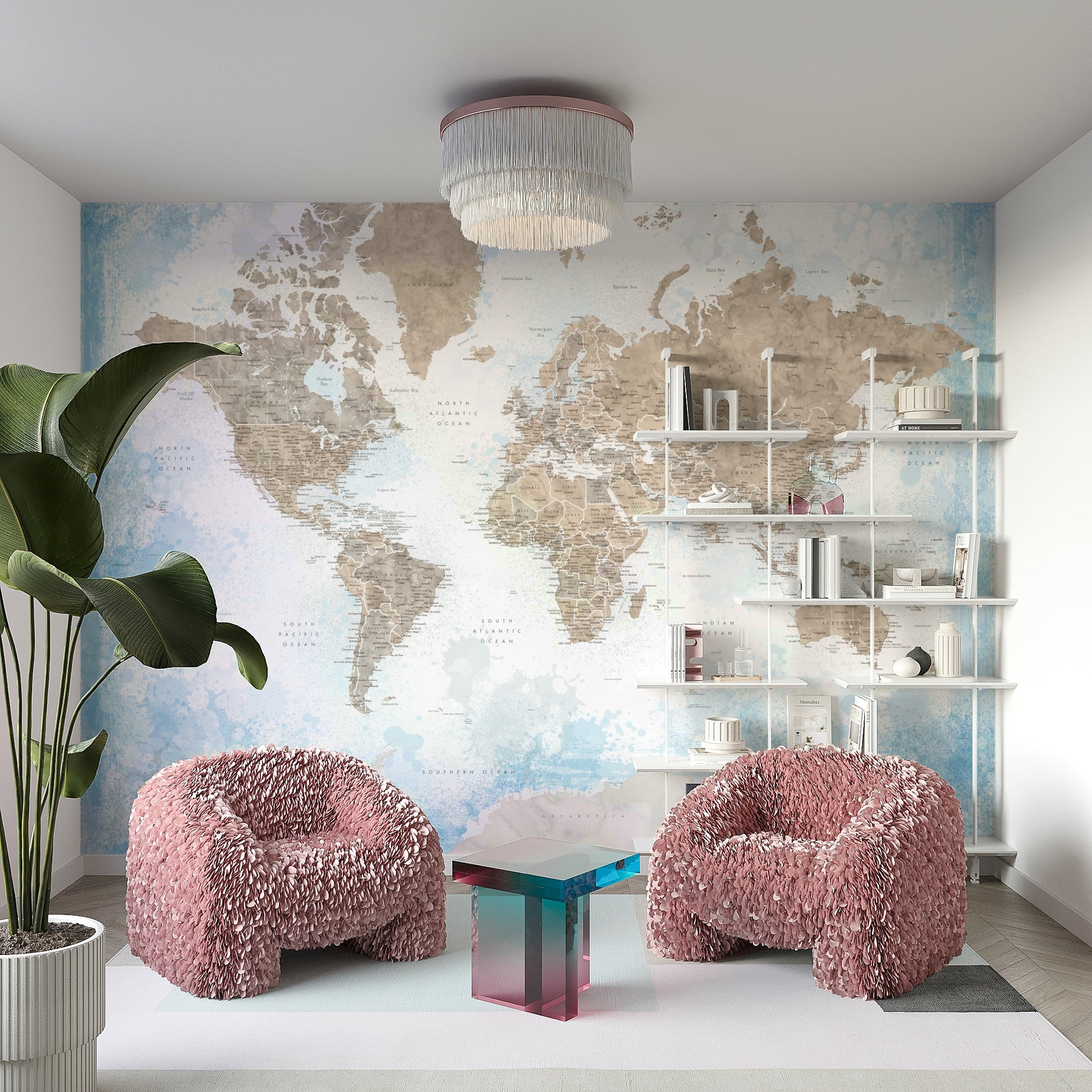 Soft-toned map mural with sky blue and beige colors

