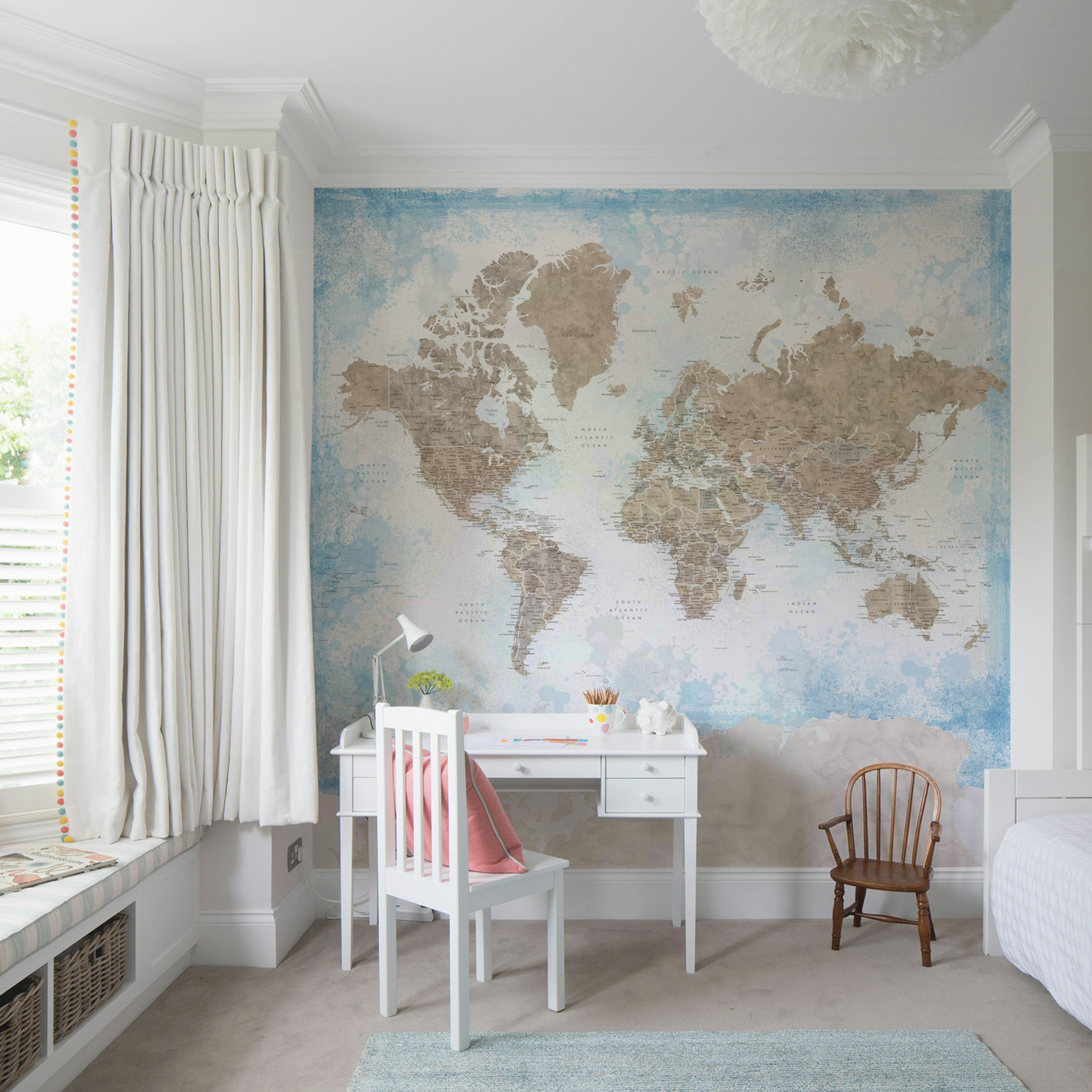 Beige and sky blue watercolor world map wallpaper

