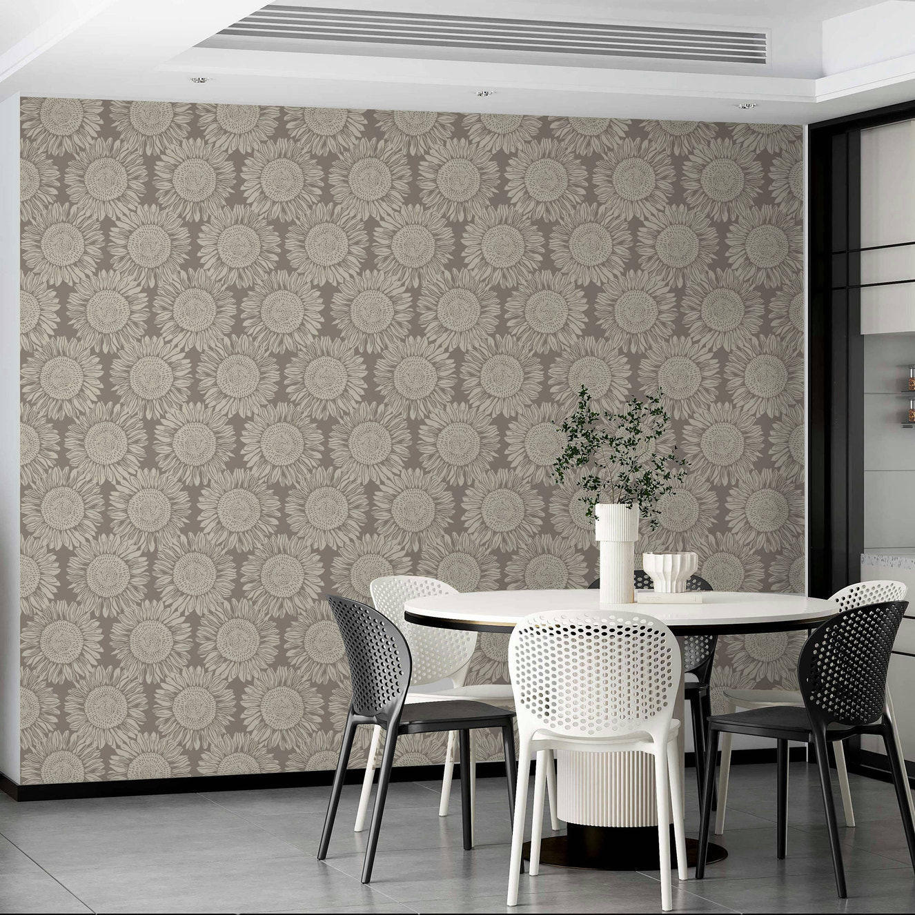 A dining room decorated with sunflower wallpaper

