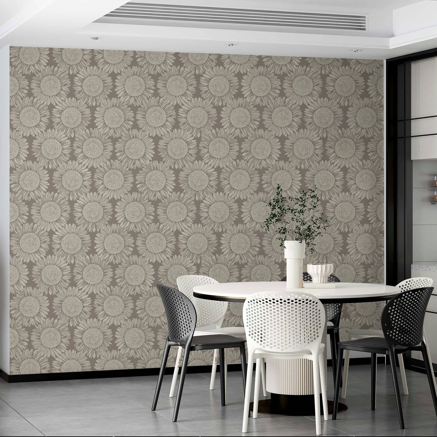 A dining room decorated with sunflower wallpaper

