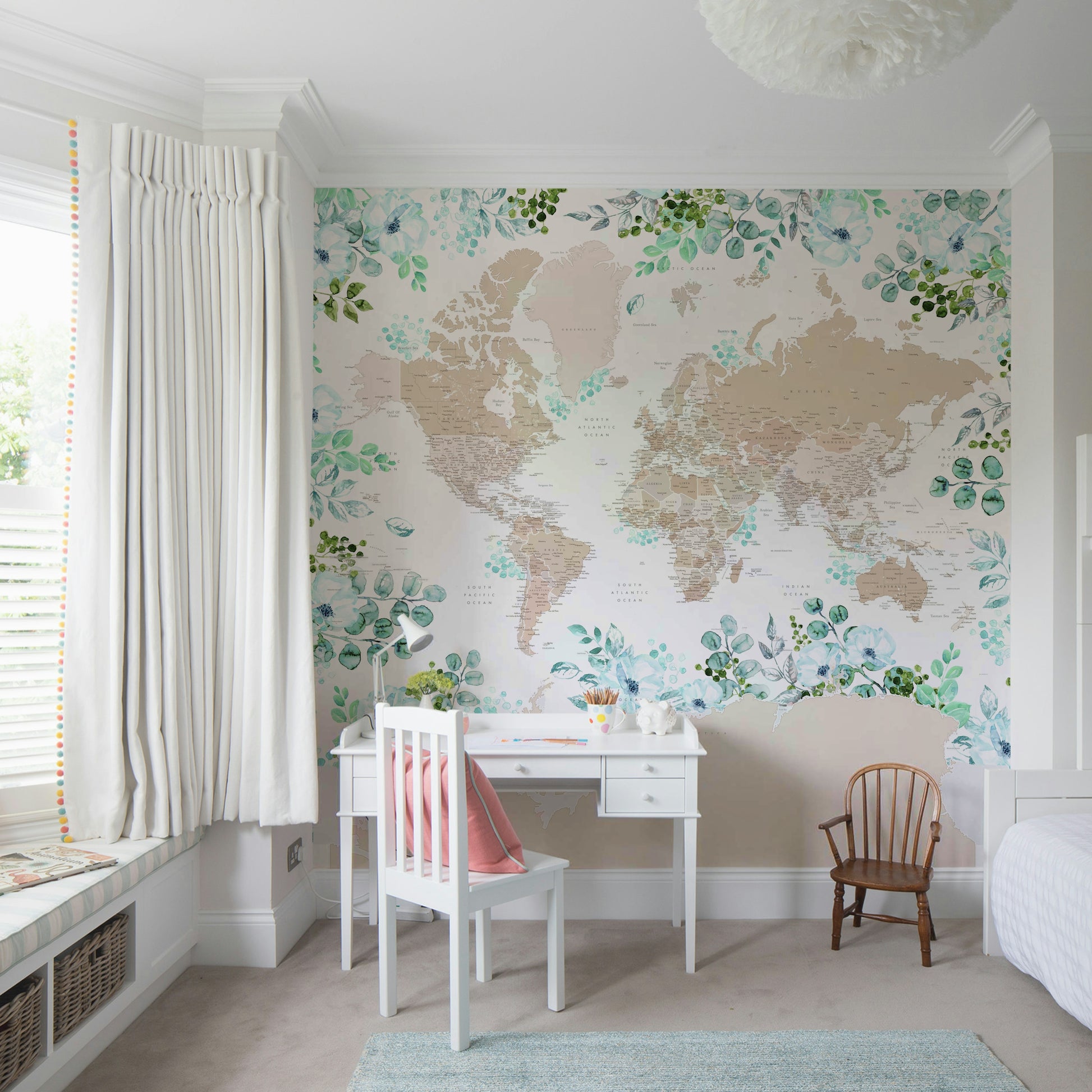 Classic world map mural in weathered wood-like finish

