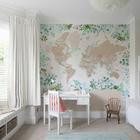 Classic world map mural in weathered wood-like finish

