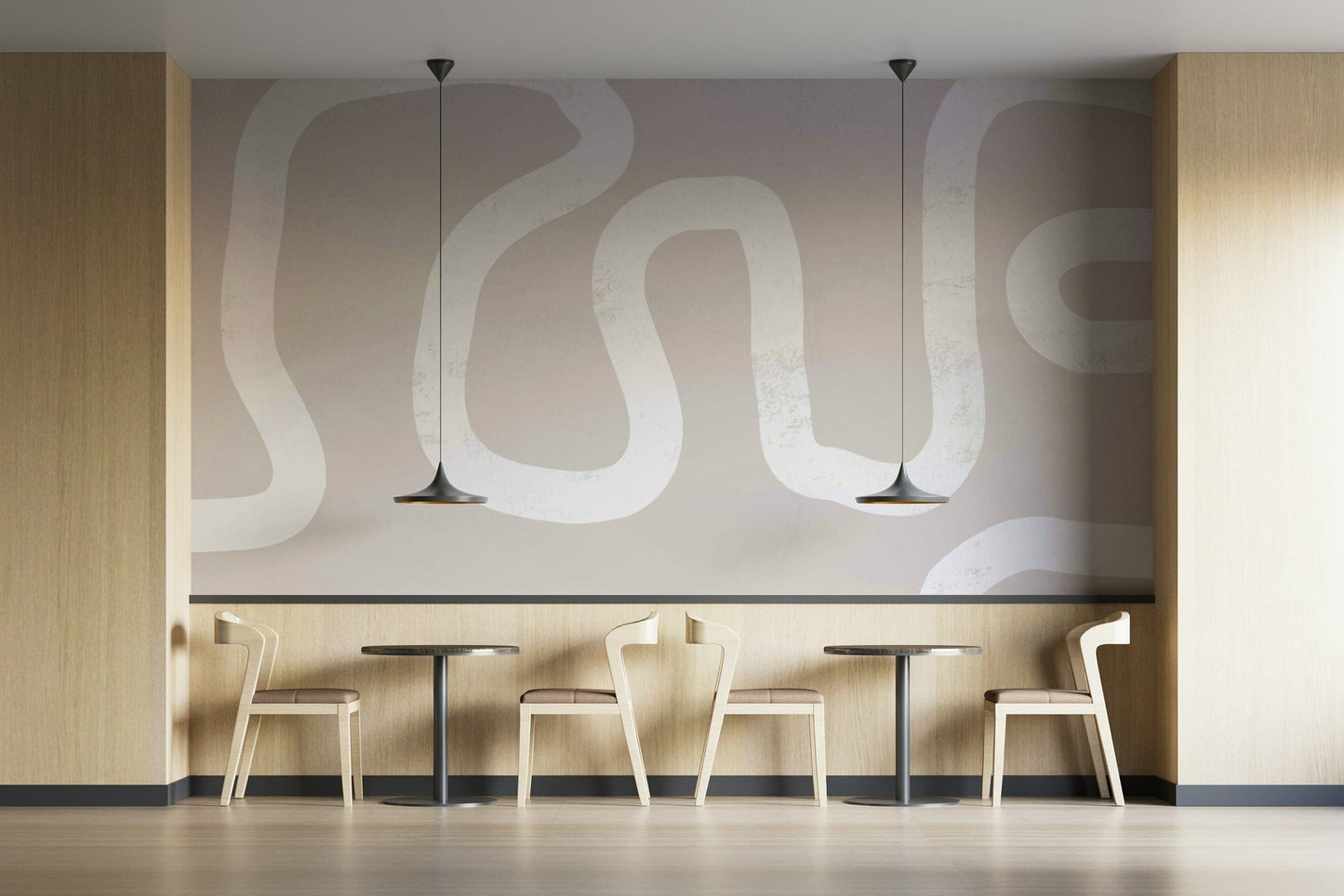 An artistic subtle landscape mural on minimalist wallpaper.

