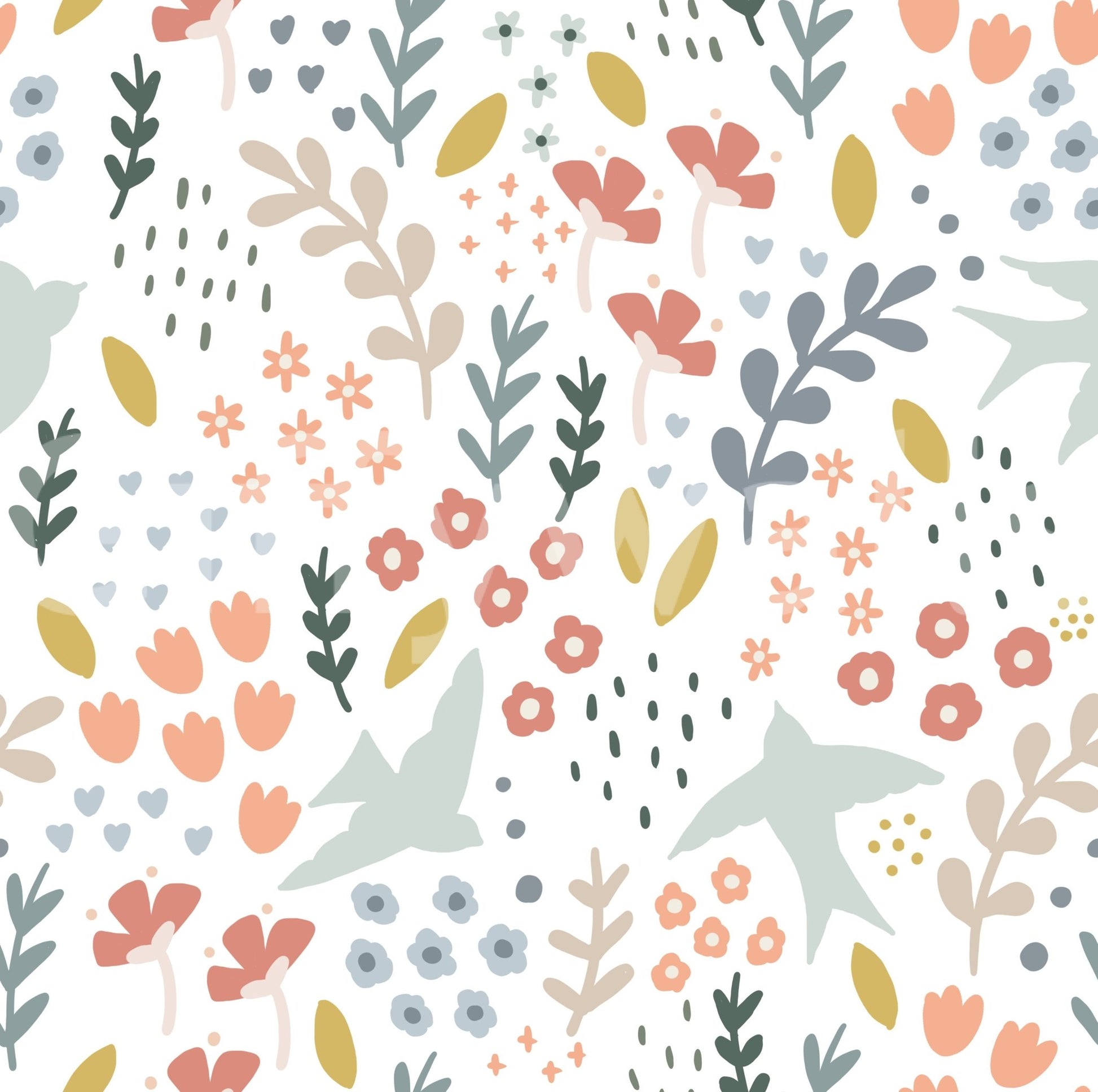 Cheerful Bellbird Springtime floral wallpaper for any room.

