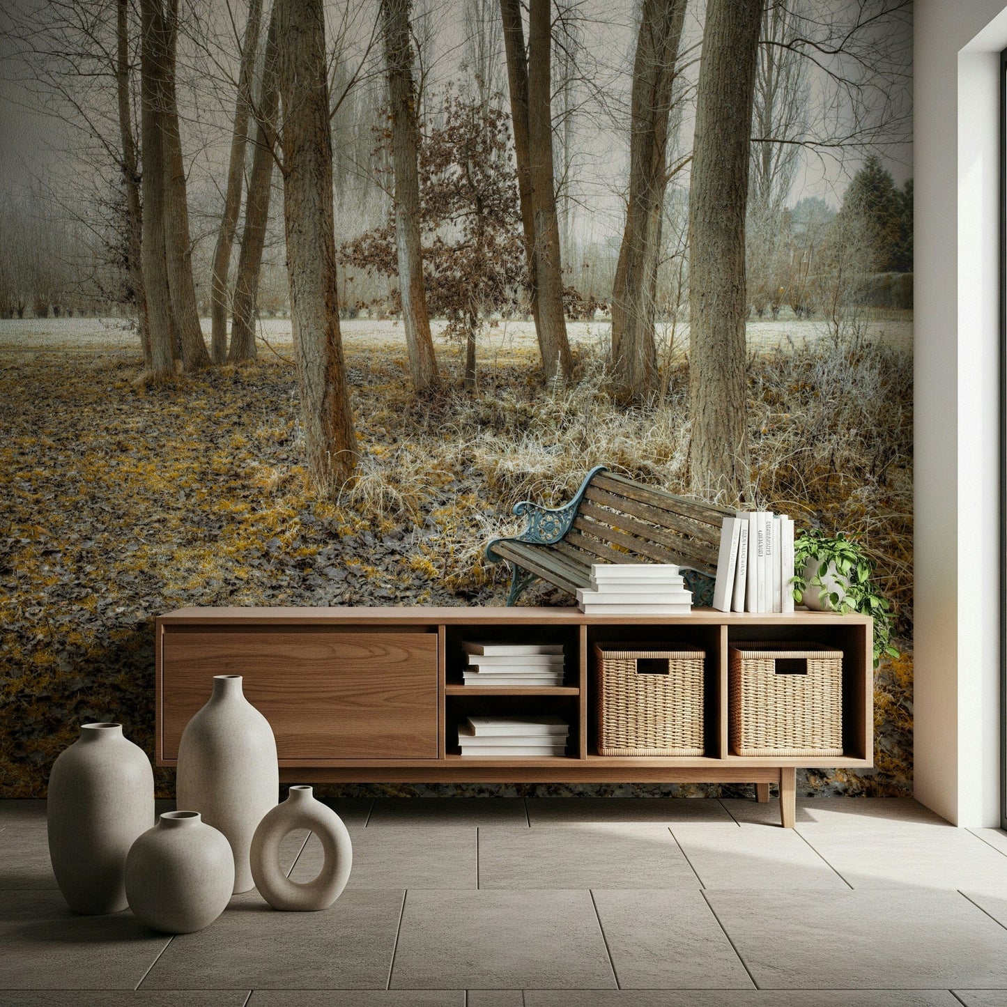 Vintage park chair art wallpaper, leaf-covered forest floor.