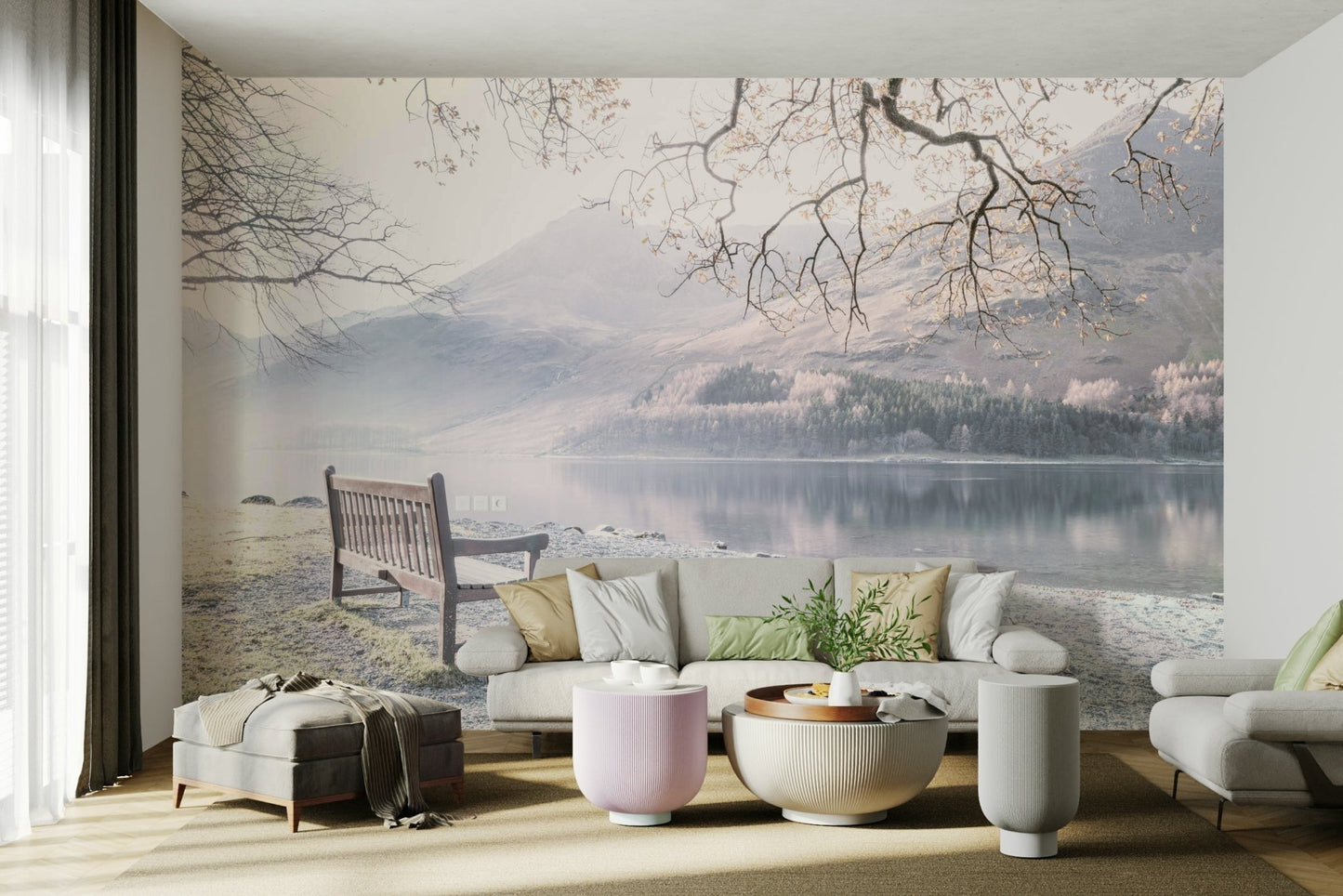 Serene lakeside scene mural with a bench by still water.

