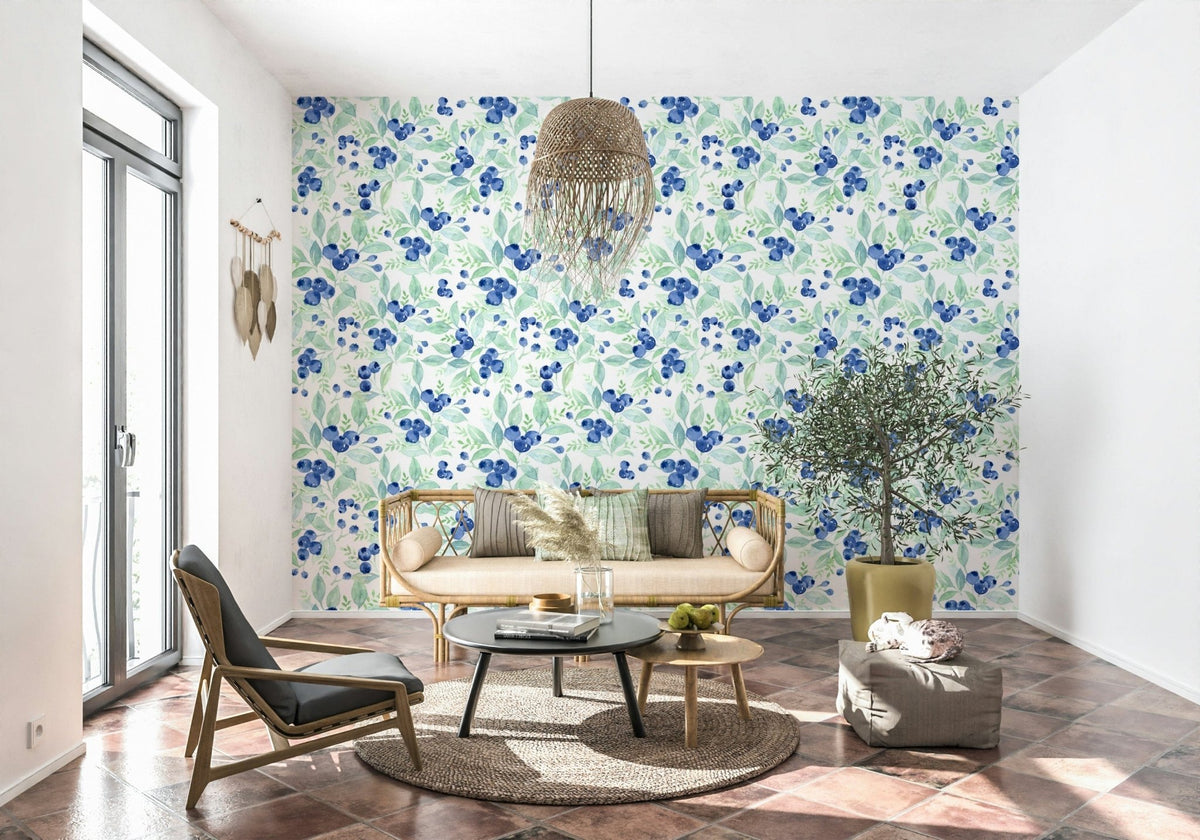Berry Bliss Watercolor wallpaper mural blueberries botanical