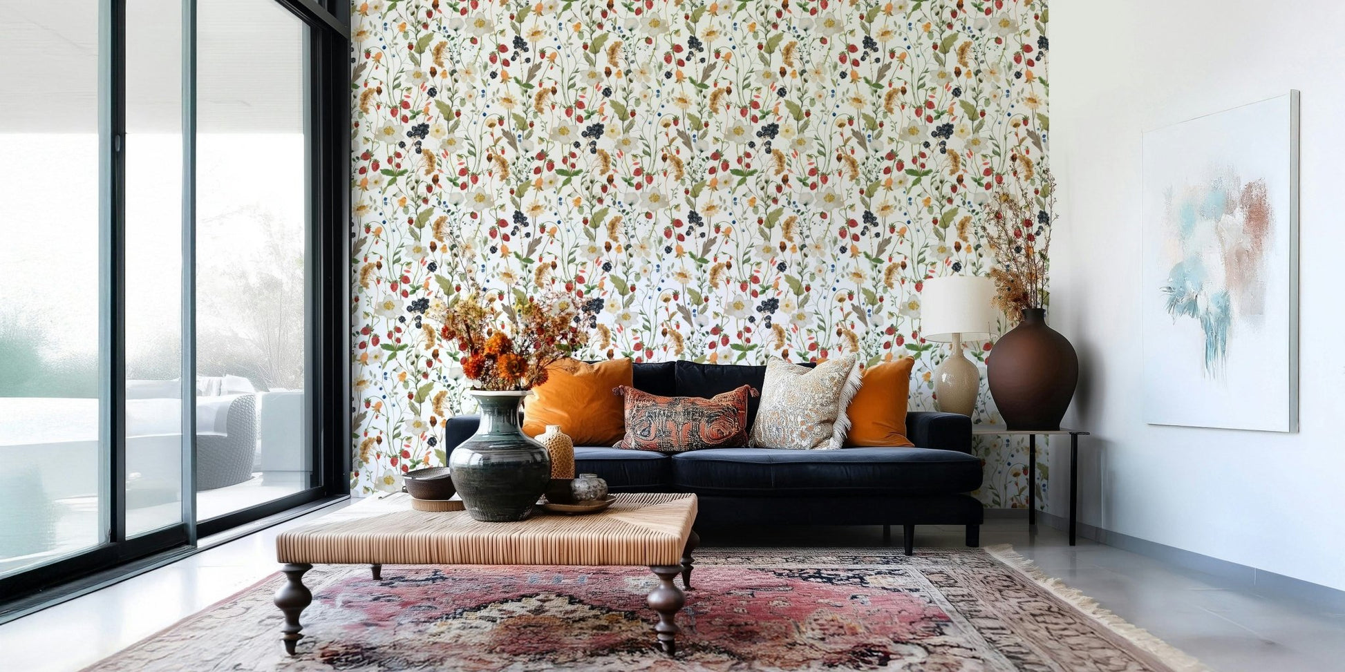 Symmetrical botanical arrangement on Berry Bloom Meadow mural.