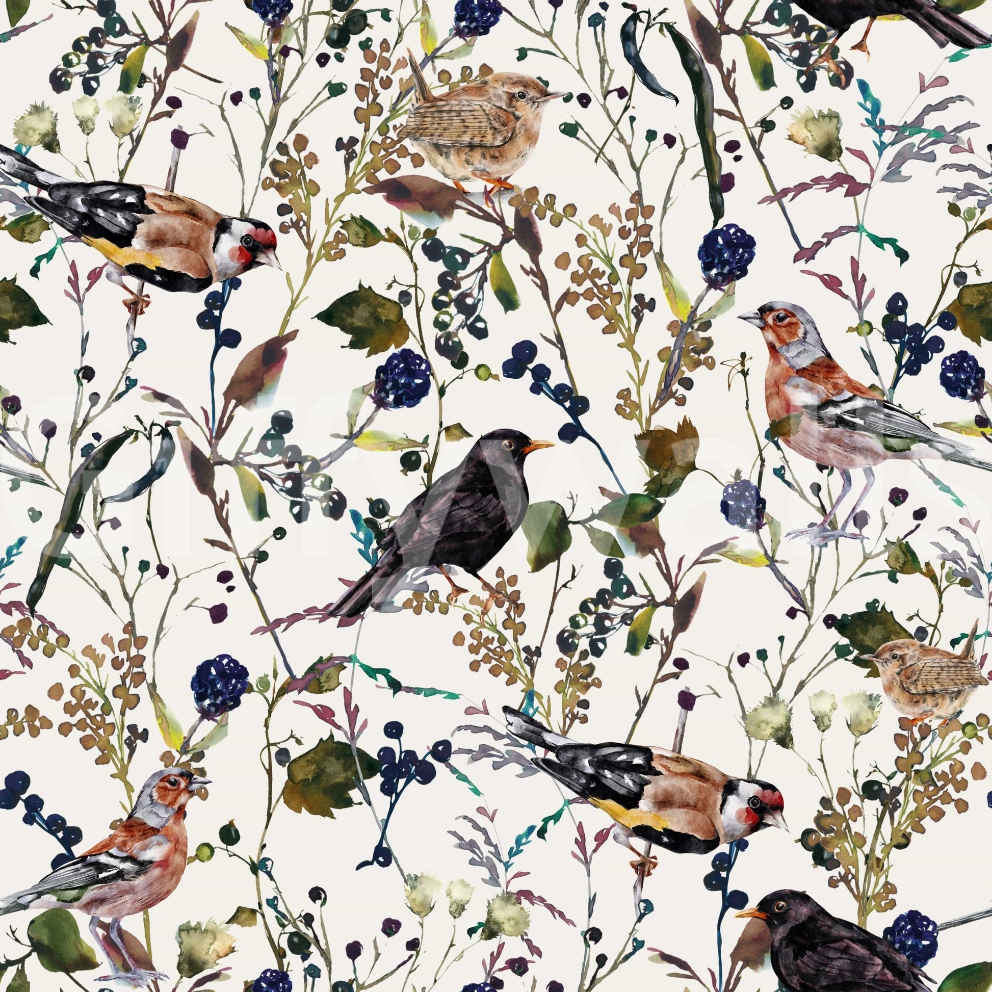 Berry branches and birds wallpaper in bathroom, light botanical style, modern fixtures