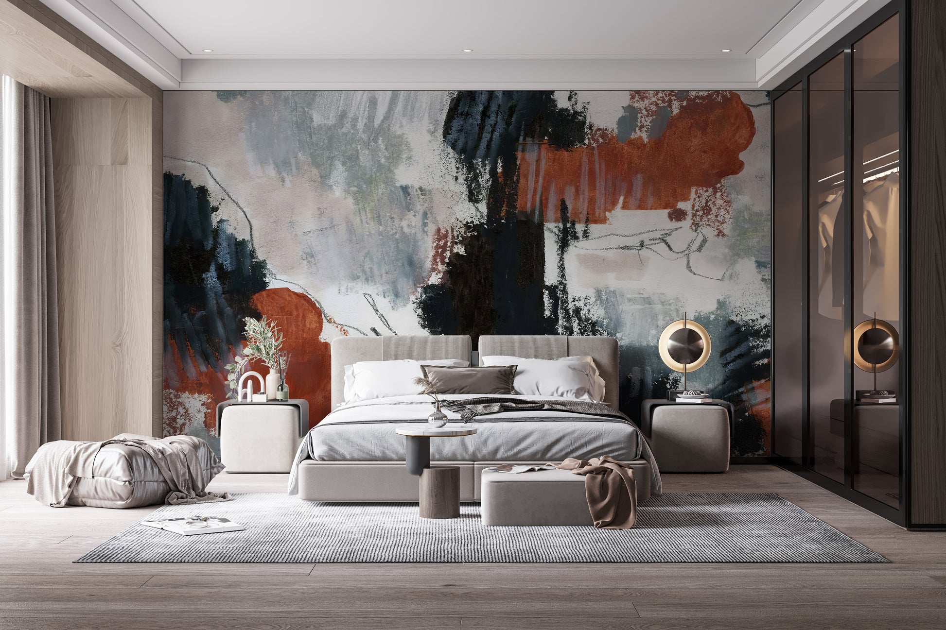 Brushstroke Art wallpaper mural with rust and slate strokes behind a beige upholstered bed and gold lamps in a bedroom