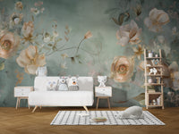 Delicate Blooming Flower mural with peach blooms on a green wall in a kids room with a white sofa and plush toys