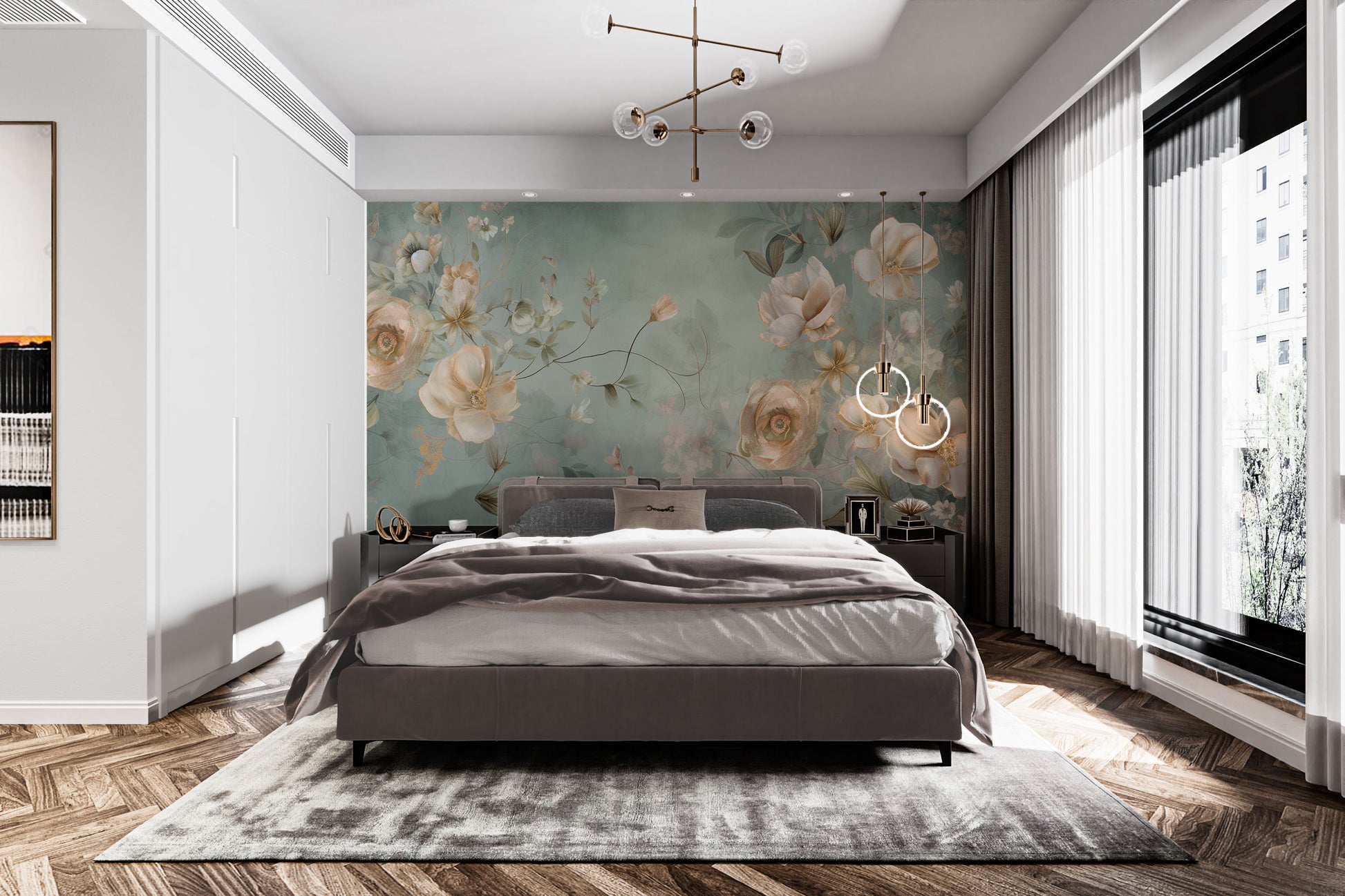 Delicate Blooming Flower mural with cream roses on a pale sage wall behind a grey bed in a modern bedroom