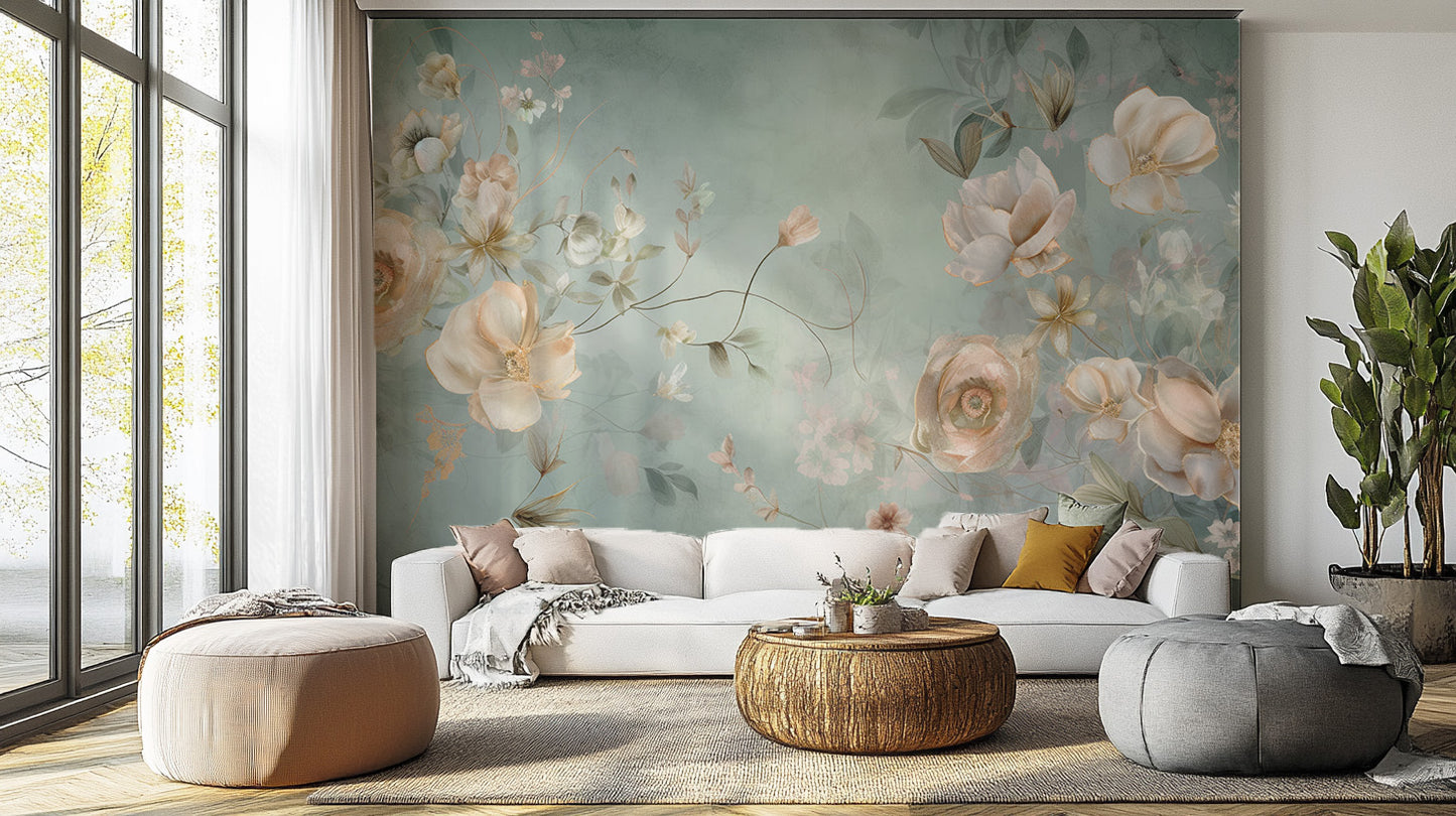 Delicate Blooming Flower mural with blush blooms on a muted green wall above a white sofa in a bright living room