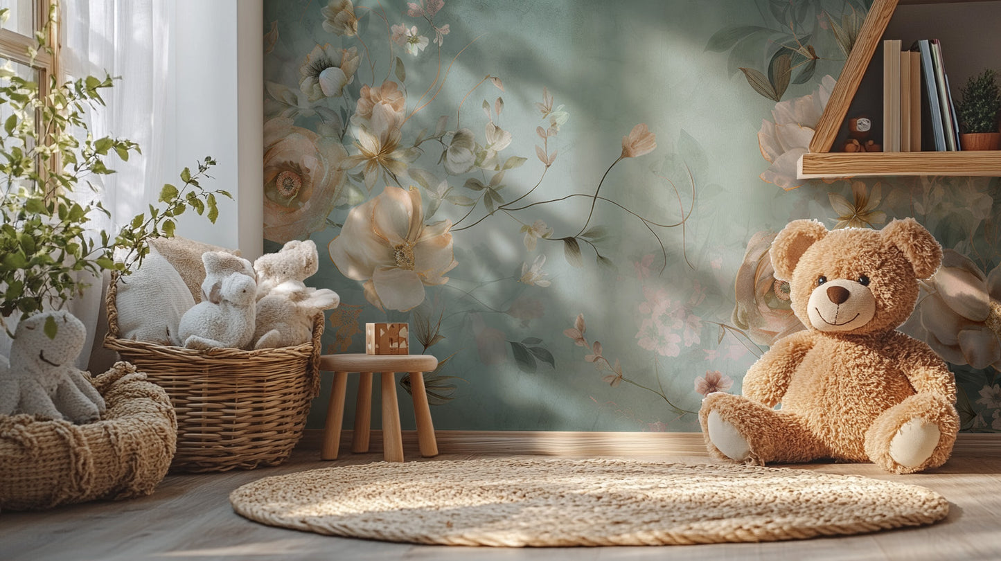 Delicate Blooming Flower mural with soft cream florals on a sage wall in a nursery with a teddy bear and toy basket