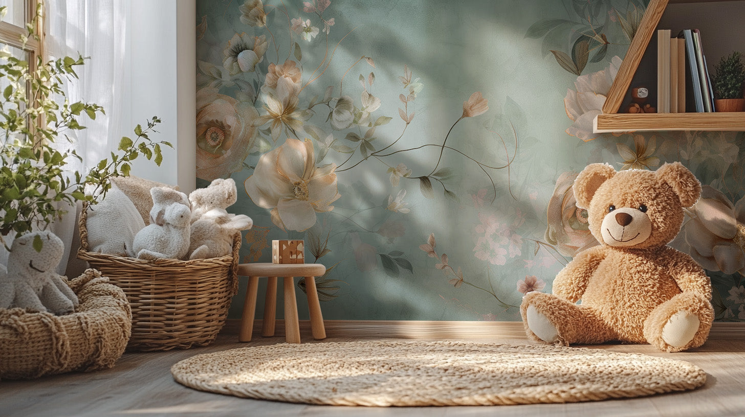 Delicate Blooming Flower mural with soft cream florals on a sage wall in a nursery with a teddy bear and toy basket